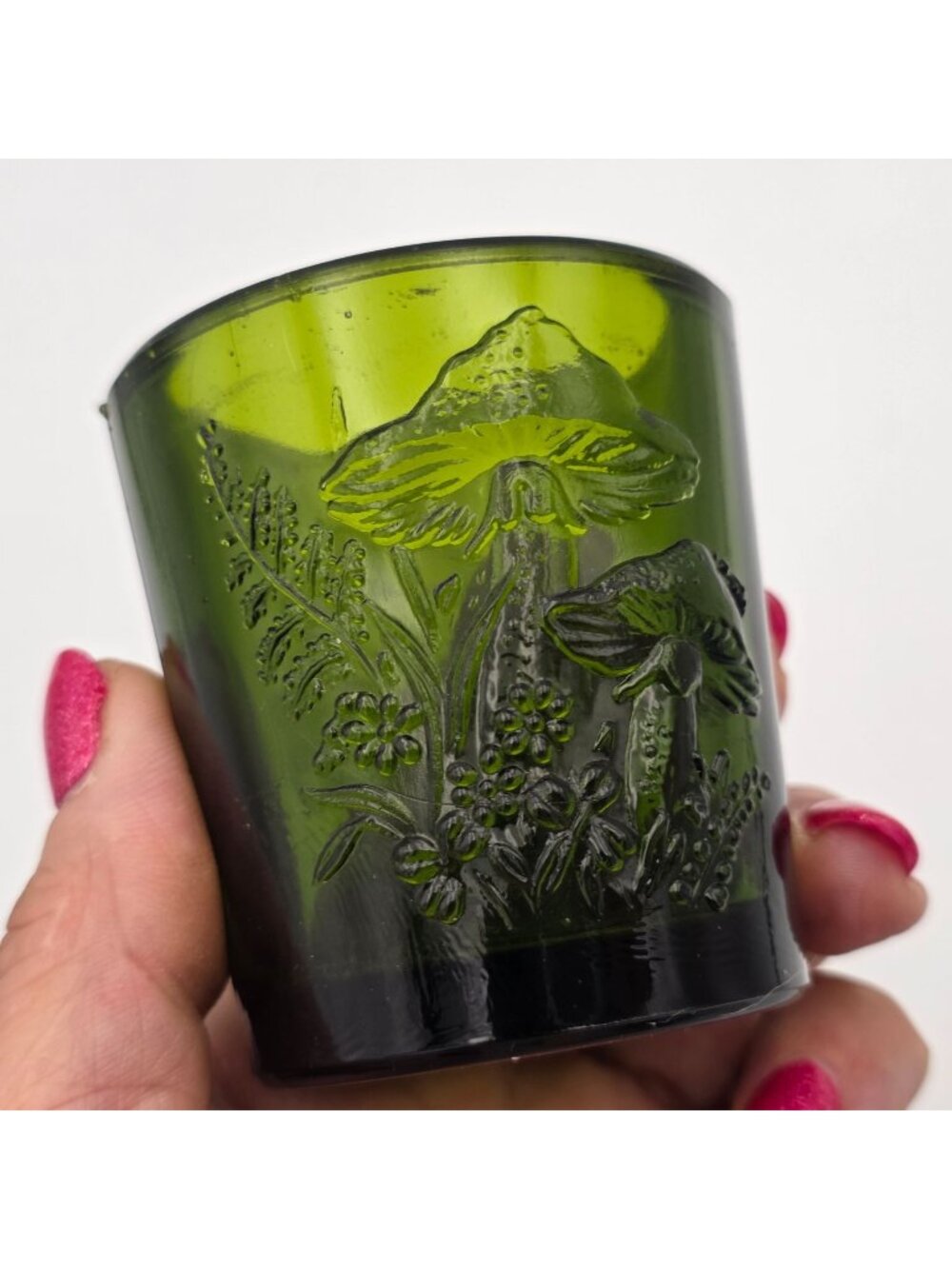 Vintage Green Glass Tumbler With Embossed Mushroom Design Decorative Accent